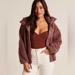 Abercrombie & Fitch Cinched Cocoon Sherpa Full Zip Teddy Jacket in Mauve Brown